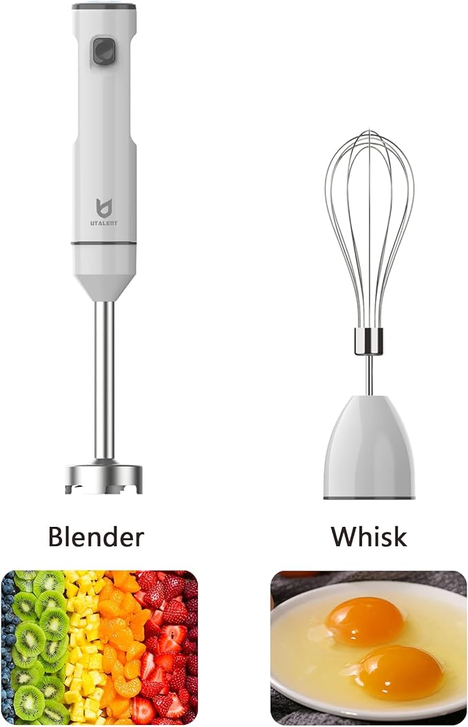 Cordless Hand Blender UTALENT Variable Speed Immersion Blender handheld Rechargeable with USB-C Charging Cable Egg Whisk for Smoothies Milkshakes Hummus and Soups – White