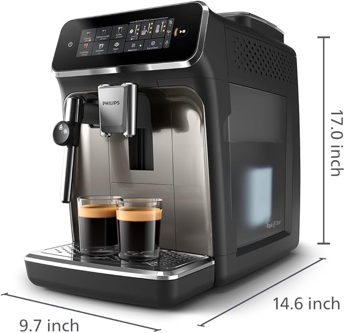 Philips 3300 Series Fully Automatic Espresso Machine with integrated milk frother and grinder 5 Hot &amp Iced Coffee Pre-Sets 40% Quieter SilentBrew 15-Bar Pressure Glossy Black (EP3326/90)