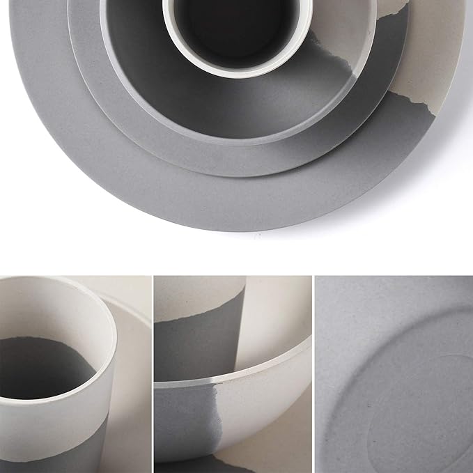 MORGIANA 8 pcs Bamboo Dinnerware Set Reusable Plates Bowls Sets Camping Picnic Dishes Tableware Set for 2 (Grey &amp White)