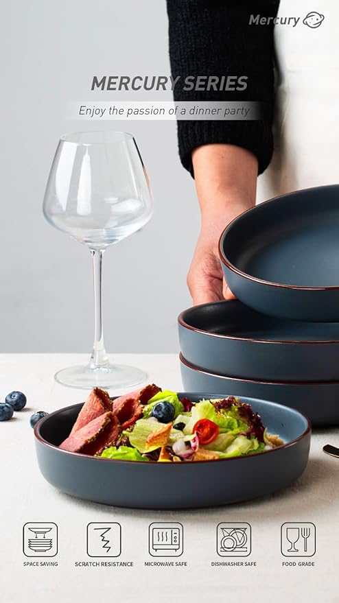 Famiware Venus Dinnerware Sets and Mercury Pasta Bowls Set and Mercury Coffee Mugs Set of 4 20 Pieces Plates and Bowls Sets Microwave and Dishwasher Safe Charcoal