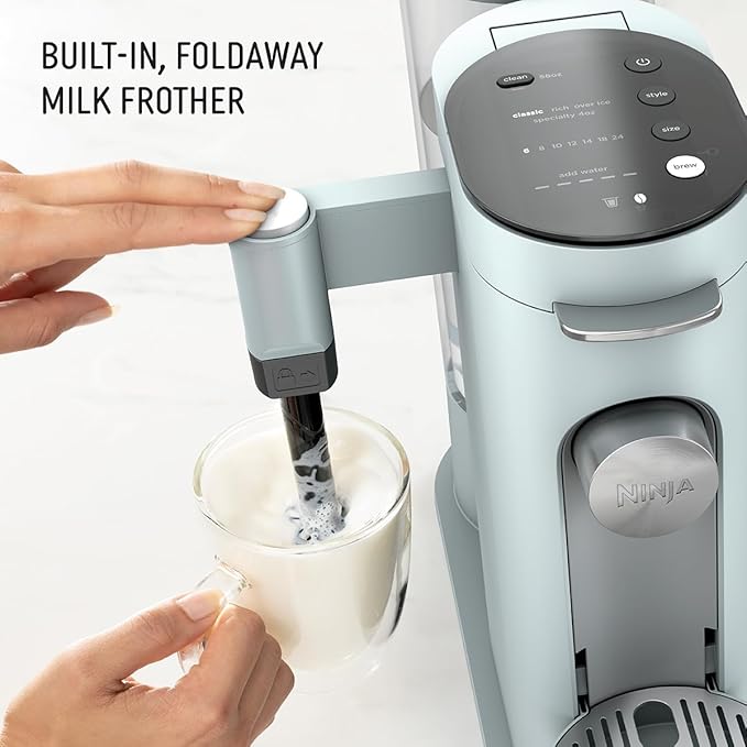 Ninja Pods &amp Grounds Specialty Single-Serve Coffee Maker K-Cup Pod Compatible Built-In Milk Frother 6-oz. Cup to 24-oz. Travel Mug Sizes Iced Coffee Maker Glacier Blue PB051GB