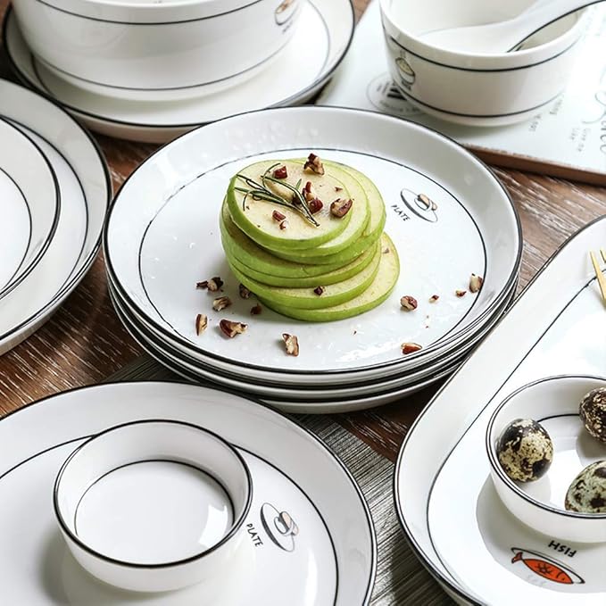 Dinner Set Ceramics Dinner Sets 56 Pieces Nordic Simple Style Dinnerware - Bowl/Dish/Spoon | Black Border Double Line Porcelain Combination Set for Family Party Resta