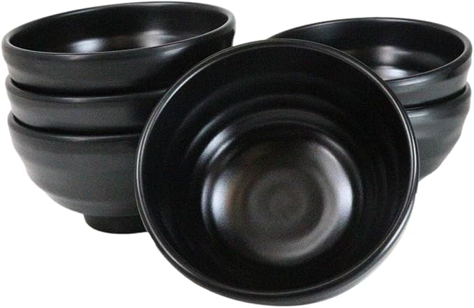 Ebros Gift Contemporary Ridged Matte Black Melamine Series Dinnerware Serveware Kitchenware Set Japanese Chinese Restaurant Supply (Pack Of 6 Small Round Soup Appetizer Rice Bowls 10oz)