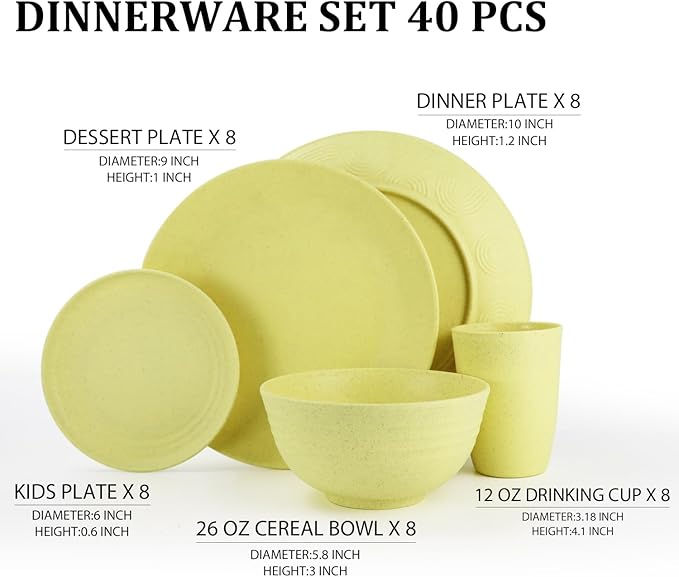 Wheat Straw Dinnerware Set 40-Piece Service for 8 Unbreakable Dishes Set Plates and Bowls Sets Drinking Glasses Microwave Safe Dish Set Lightweight Dinnerware Set for Home &amp Kitchen - Yellow