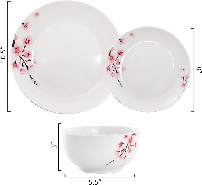 Elama Tamara 12 Piece Cherry Blossom Porcelain Dinnerware Set Service for 4 in White and Pink