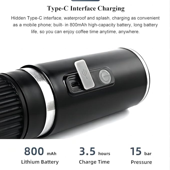 TsoLay Portable Coffee Machine 1800mAh Mini Camping Coffee Maker Type C Rechargeable 2-in-1 Fast Extraction and 100ml Water Tank Lightweight for Office Camping Hiking Home