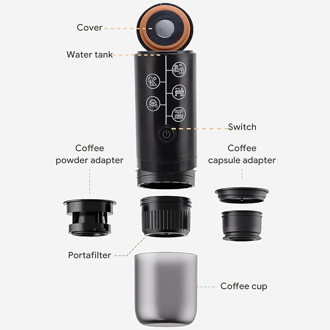 Yosoo Portable Coffee Maker Electric Coffee Machine for Outdoor Travel Battery Operated Cordless Coffee Maker with 17Bar Pressure Capsules and Powder Compartment (Black)