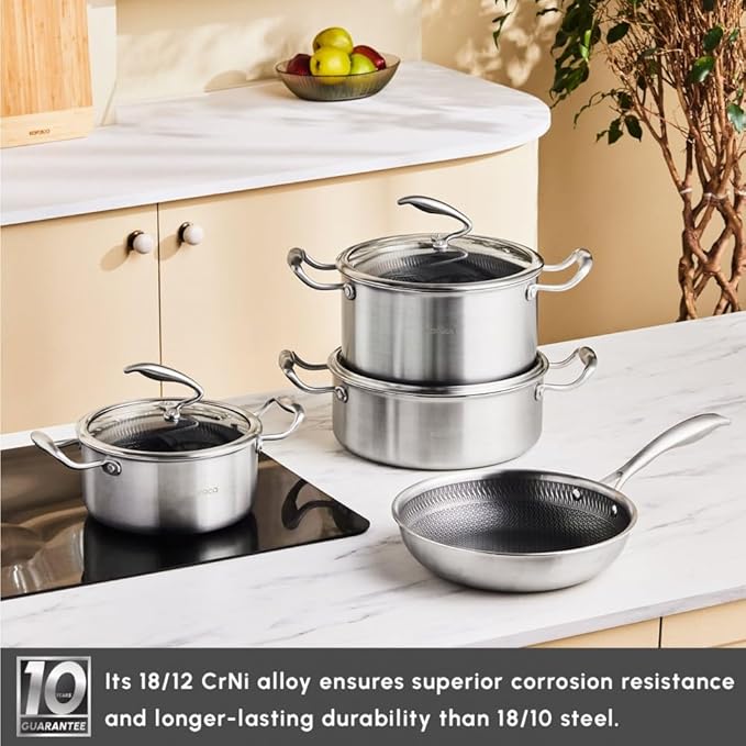 Karaca 5Ply PowerSteel 316+ Stainless Steel Cookware Set 7-Piece Non Stick Pots and Pans Set with Lids Kitchen Cooking Set for Daily Cooking Elegant Silver Finish Induction Hob Pan Set