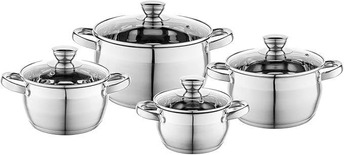 FLORINA Pot set OLIVER | 4-piece set | Stainless steel 18/0 | Tempered glass lids | Suitable for induction gas electric ceramic | Dishwasher safe | Complete set for all stoves
