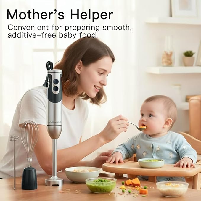Megawise High-Power Hand Blender – 400W Max Power with Versatile 3-in-1 Attachments (Blending Shaft Whisk Chopper) Ergonomic Design with Adjustable Speed Control Easy to Clean and Maintain (Black)