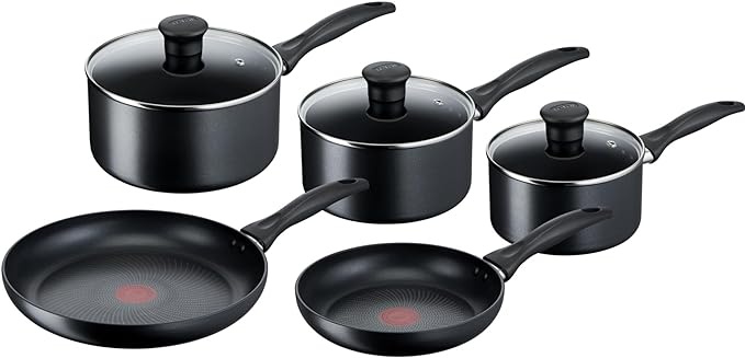 Tefal Induction Non‑Stick Coating 5‑Piece Cookware Set 16/18/20 cm Saucepans + 22/26 cm Frying Pans Thermo‑Signal Glass Lids All Hobs Including Induction Black - G155S54