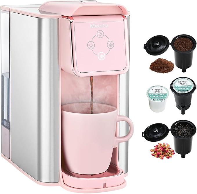 Mecity Pink Coffee Maker 3-in-1 Single Serve Coffee Machine For Flat Bottom Coffee Capsule Ground Coffee 6 to 10 Ounce Cup Removable 50 Oz Water Reservoir 120V 1150W