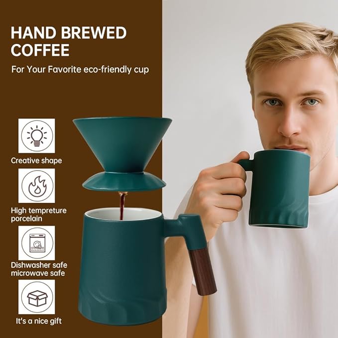Pour Over Coffee Maker Set Ceramic Pour Over Coffee Dripper 15.5oz/450 ml with 25 Pcs V60 Paper Filter Coffee Pour Over Set for Camping Green