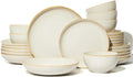 24 Piece Double Bowl Dinnerware Sets with Pasta Bowls Highly Chip and Crack Resistant Plates and Bowls Sets Natural Earthyware Ceramic Dishware Sets Service for 6 Yellow White