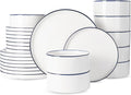 Famiware Porcelain Dinnerware Set 24-Piece Modern Plate and Bowl Set dish set for 8 Microwave and Dishwasher Safe Tableware White with Blue Trim