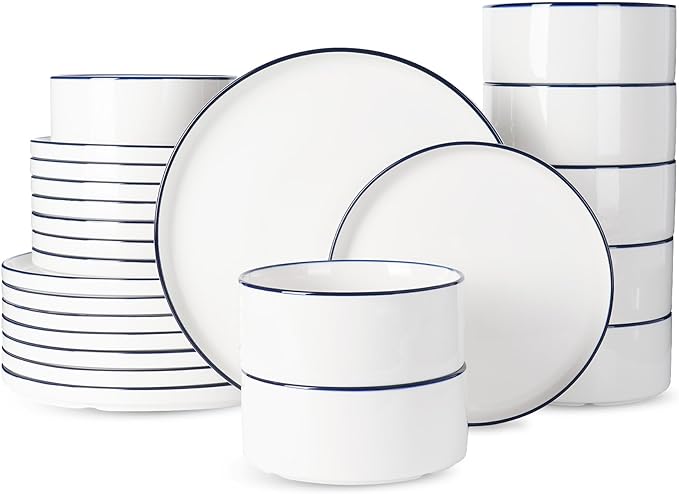 Famiware Porcelain Dinnerware Set 24-Piece Modern Plate and Bowl Set dish set for 8 Microwave and Dishwasher Safe Tableware White with Blue Trim
