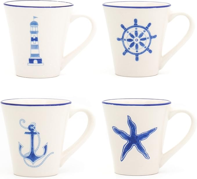 Euro Ceramica Ahoy Collection Nautical 12 Piece Dessert Set | Service for 4 | Assorted Designs Blue &amp WhiteStandardAHO-86001