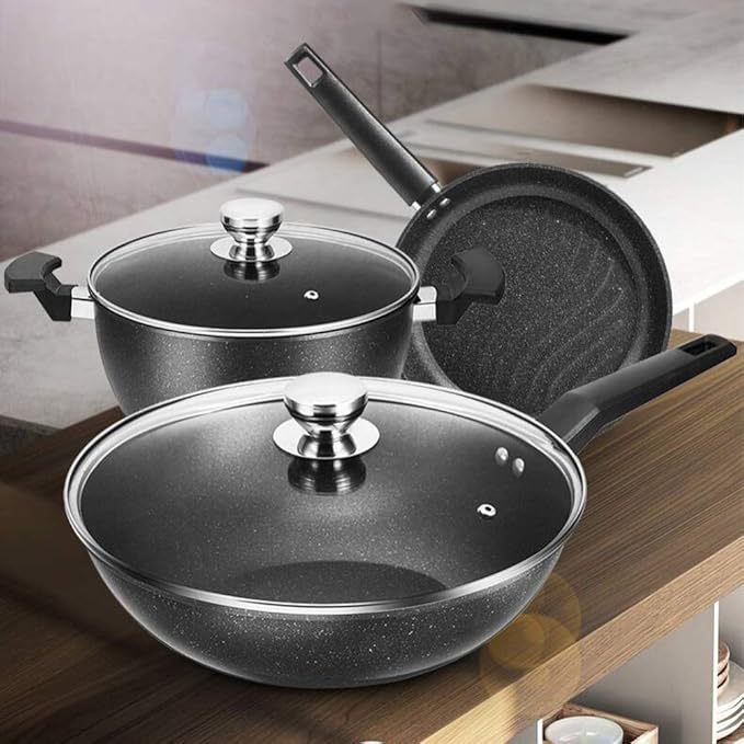 Non-Stick Cookware Set with Inductionwith Tempered Glass Cover Comfortable HandleSuitable for Gas Induction Cooker 3 Pieces - Black
