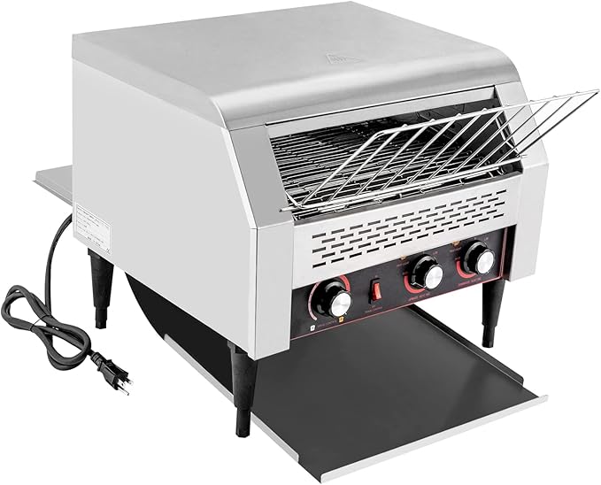 2600w Stainless Steel Conveyor Toaster 450 Slices/Hour Commercial Heavy Duty Conveyor toaster With Upper and Lower Three-Ring Heating Tubes 7 Levels Adjustable Restaurant Toaster Double Chutes