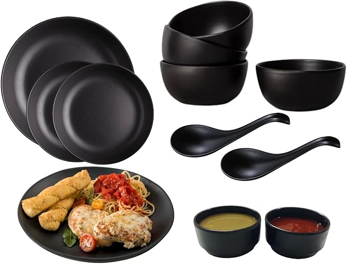 Melamine Matt Black Dinner Set for Kitchen Unbreakable Dinnerware Sets for Dining Table (for 2 Person Pack of 12 pcs)…