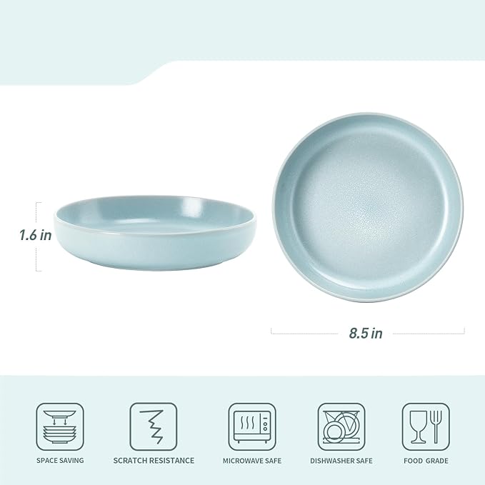 Famiware Milkyway Plates and Bowls Set 12 Pieces Dinnerware Sets and 4 Pieces Pasta Bowls Double Reactive Glaze Sturdy &amp Stackable Stoneware Dishes Set for 4 Light Blue