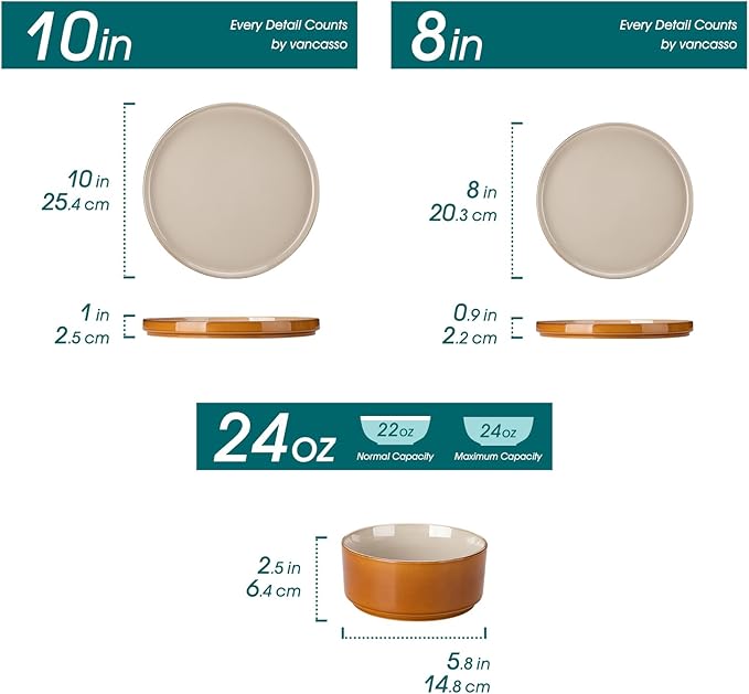 vancasso ONION Ceramic Plates and Bowls Sets 24 Pieces Grey Dinnerware Sets for Kitchen Reactive Glaze Dishes Set for 8 Dishwasher and Microwave Safe