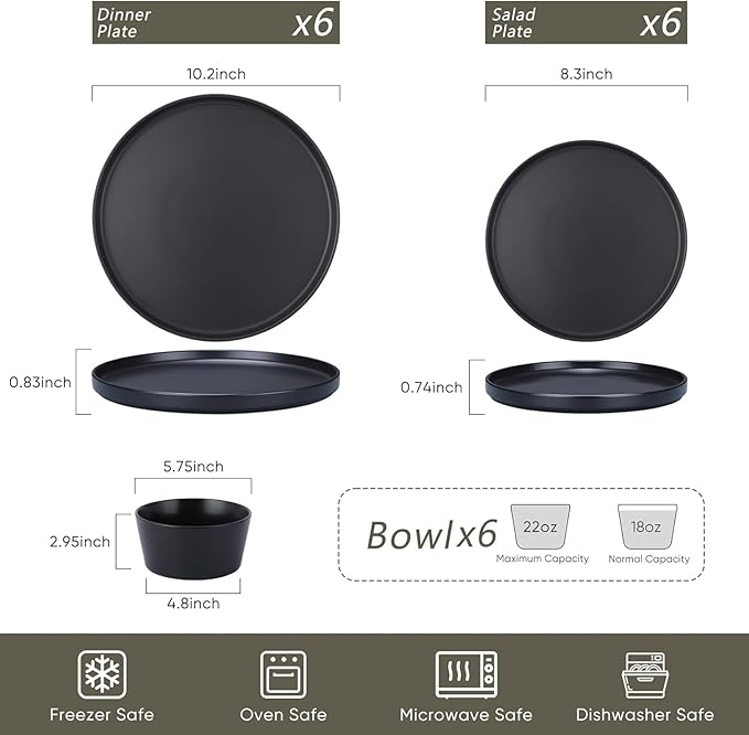 18‑Piece Stoneware Dinnerware Set in Matte White Modern Plates and Bowls for Everyday Meals and Special Occasions Dishwasher &amp Microwave Safe (Black)