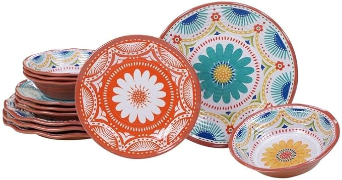 12 Piece Modern &amp Contemporary All Seasons Durable Melamine Orange Blue Farmhouse Dinnerware Set Dishwasher Safe Floral Pattern Round Dinner Plates Salad Plates Cereals BowlsDinnerware Set for 4