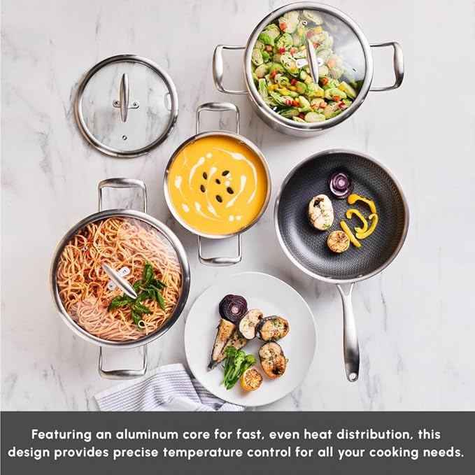Karaca 5Ply PowerSteel 316+ Stainless Steel Cookware Set 7-Piece Non Stick Pots and Pans Set with Lids Kitchen Cooking Set for Daily Cooking Elegant Silver Finish Induction Hob Pan Set
