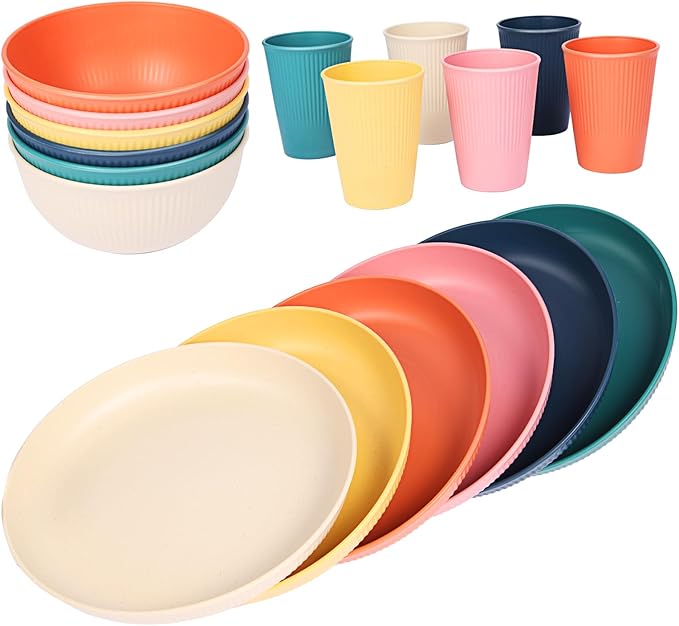 18pcs Wheat Straw Dinnerware Sets Unbreakable dish Set Reusable Plates Bowls and Cups Set dishes Dishwasher Microwave Safe for Kitchen Outdoor Travel Camping (Macron Color)