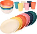 18pcs Wheat Straw Dinnerware Sets Unbreakable dish Set Reusable Plates Bowls and Cups Set dishes Dishwasher Microwave Safe for Kitchen Outdoor Travel Camping (Macron Color)