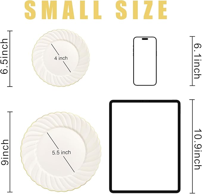 U-QE 100 Piece Ivory Scalloped Plastic Plates for Party with Gold Rim - Plastic Party Plates Disposable Heavy Duty - High End Disposable Plates Include 50pcs Dinner Plates 9&amp50pcs Dessert Plates