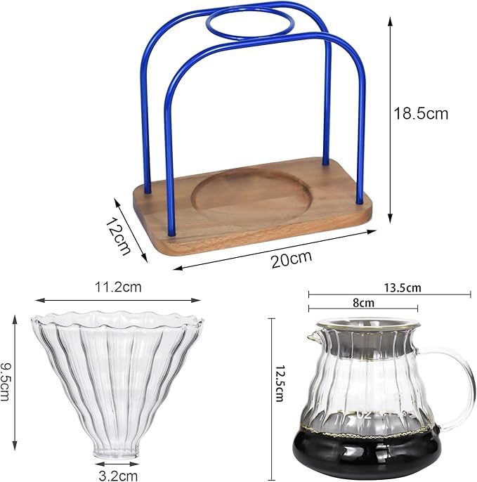 SOTECH Pour on coffee drips filter Wooden stand Glass sharing pot with paper filter coffee tea and saffron set (blove)