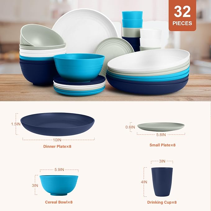 Wheat Straw Dishes Sets for 8 Reusable Plastic Dinnerware Sets 32-Piece Plates Set Bowls Set Tumblers Microwave Safe Plate and Bowl Set for DinnerKitchen Camping - Island Series