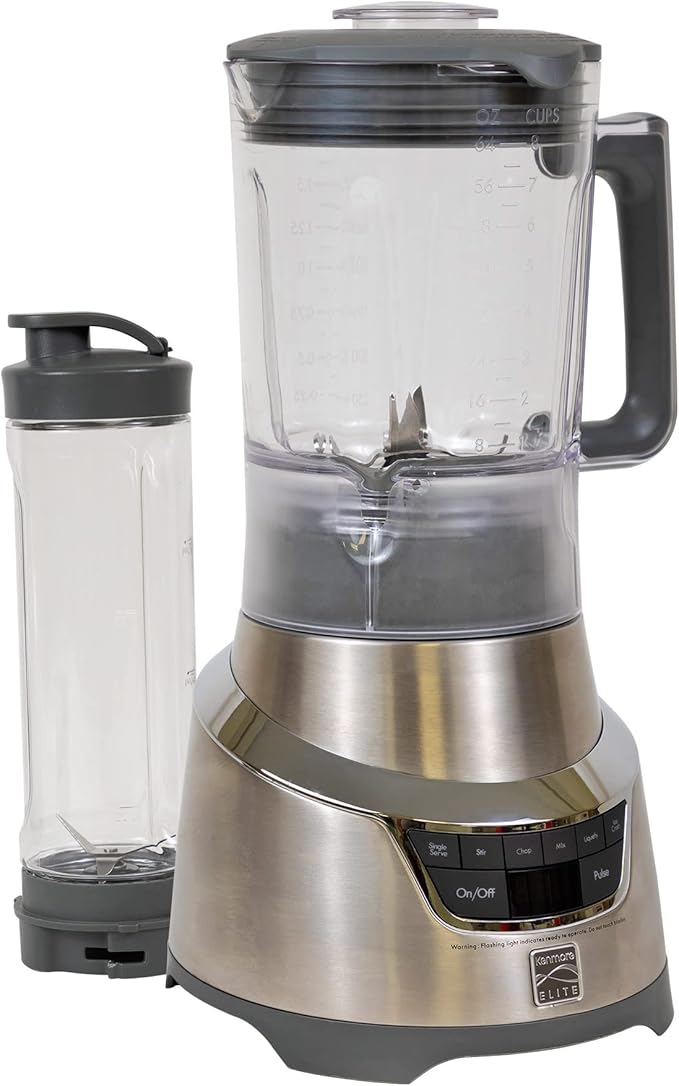 Kenmore Elite 1.3 HP 64 oz Blender With 20 oz Single-Serve Blending Cup Powerful Ice-Crushing Motor 8-Cup (1.9L) Tritan Pitcher 20 oz (600 mL) Travel Cup with To-Go Lid Grey and Stainless Steel