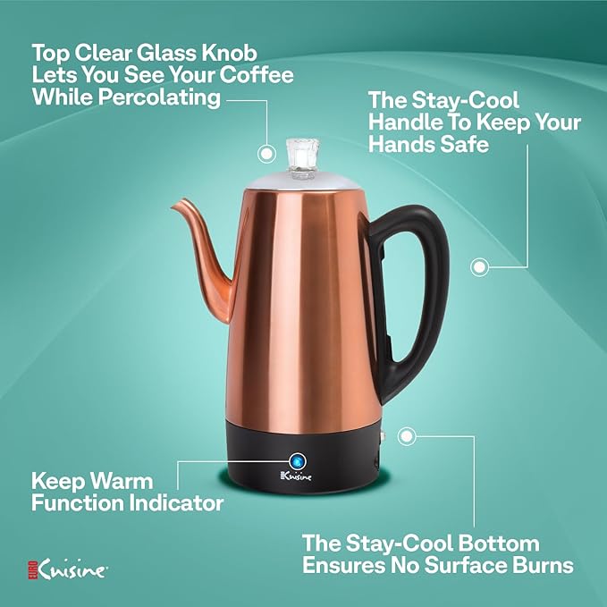 Euro Cuisine PER12 Stainless Steel Electric Coffee Percolator 12 Cup Polished Copper Finish Dripless Gooseneck Spout Clear Glass Knob Brewing Indication Keep-Warm Function Detachable Cord