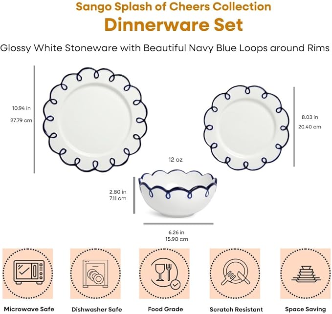 Sango 12-Piece Earthenware Dinnerware Set for 4 Glossy White Plates and Bowls Sets with Navy Scalloped Rims Premium Dish Set Dishes for Hosting Parties Birthday &amp Wedding Gifts Splash of Chee