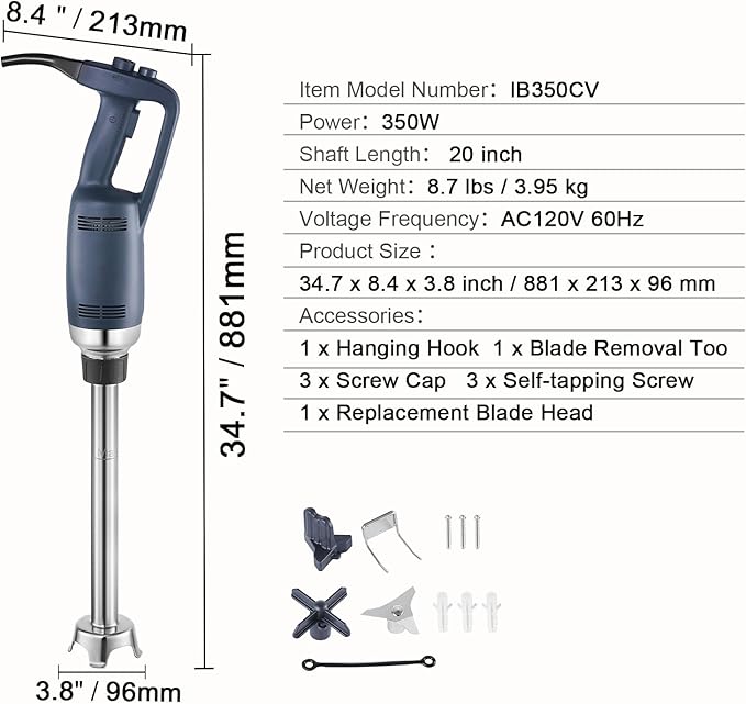 Happybuy Commercial Immersion Blender 350W Heavy-Duty Hand Mixer 20-inch Stepless Variable Speed Mixer with Stainless Steel Blade Versatile Portable Mixer for Soup Sauces