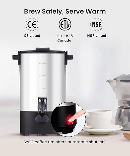 SYBO SR-CP30C Commercial Grade Stainless Steel Percolate Coffee Maker Hot Water Urn for Catering Hot Beverage Dispenser 30-Cup 3.5L Metallic