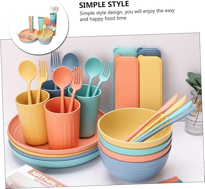 Healifty 4Sets Portable Wheat Straw Cutlery Set Dinnerware for Cereal Soup and Salad Microwavable Kitchen Supplies Creative Tableware for Quick Meals