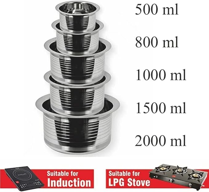 Stainless Steel tope Set Without lid Container Set/Tope Set/tapeli/patila/Milk Pot pan/Handi Set Cookware Set 5 Pieces 0.5/0.8/1/1.5/2 LTR