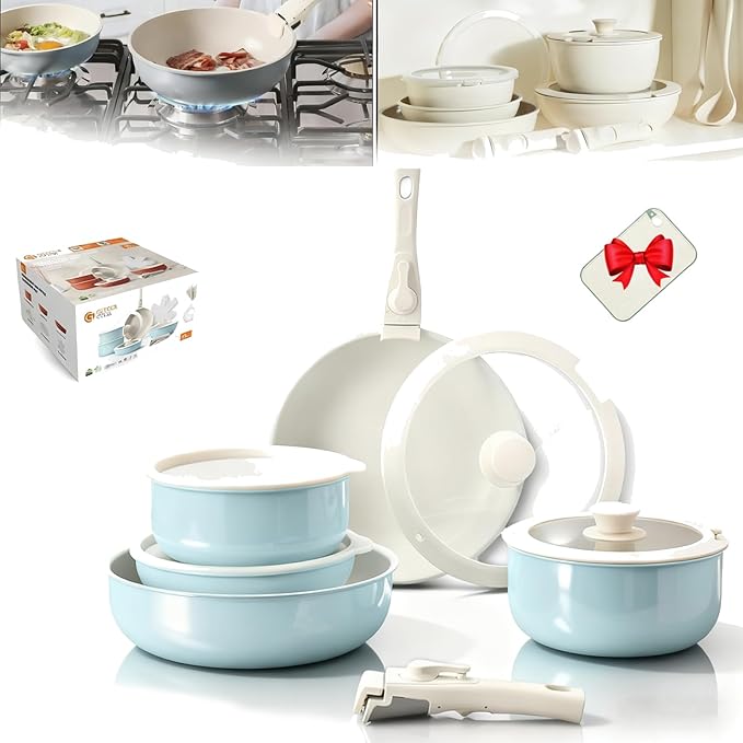 Cookware Set Ceramic Cookware Set Removable Handle 2026 New 11 Piece Nonstick Detachable Handle Cookwares Non Stick Cookwares Sets for Kitchen (Blue11pcs)