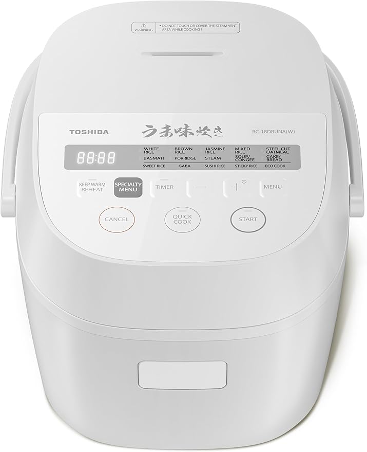 TOSHIBA OriginTaste Rice Cooker 10-Cup Uncooked Fuzzy Logic 15-in-1 Functions Digital Display Delay Timer Keep Warm Nonstick Inner Pot White
