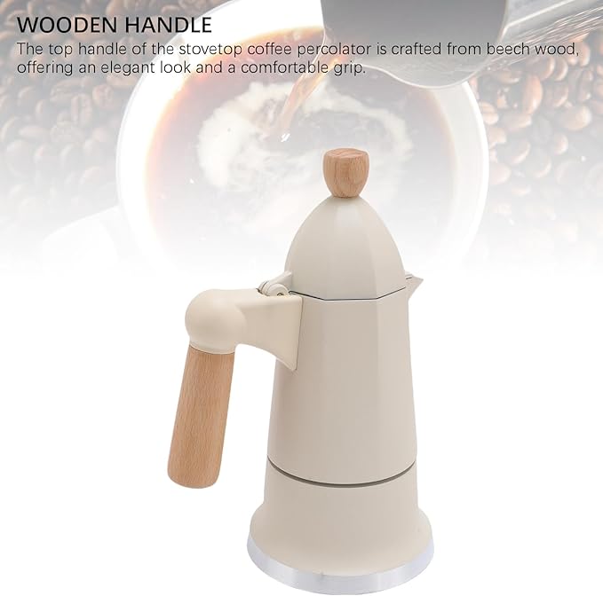 Stovetop Coffee Maker 3 Cups Single Valve Aluminum Alloy Percolator Coffee Maker Pot with Wooden Handle for Home Brewing Easy to Use &amp Clean (White)