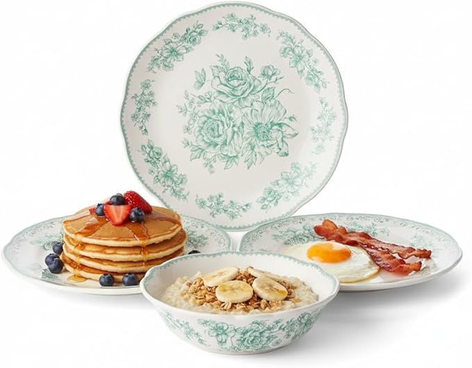 12-Piece Green Floral Stoneware Dinnerware Set Fresh Vintage Design Microwave &amp Dishwasher Safe 4-Person Complete Set Ideal for Family Meals &amp Entertaining