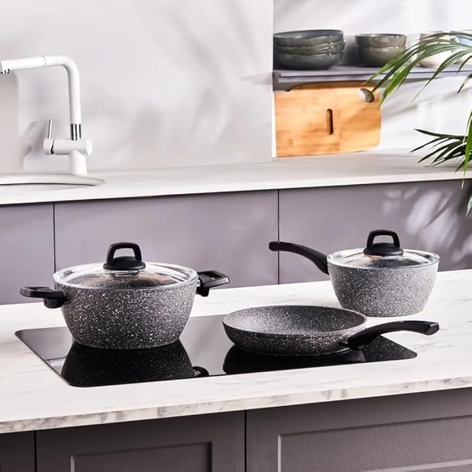 Karaca Gris Biogranite 5-Piece Induction Cookware Set 24cm Casserole &amp Lid 24cm Frying Pan &amp Lid 20cm Sauce Pan Grey
