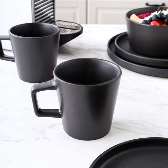 TRP 16 Piece Black Stoneware Dining Set - Includes Dinner Plates Salad Plates Bowls and Cups