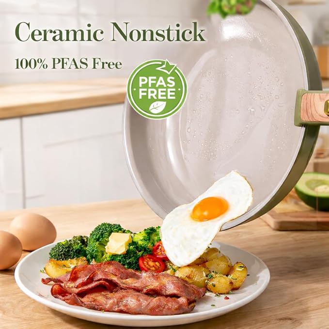 CAROTE 18 Pcs Ceramic Cookware Set Detachable Handle Non Toxic Pots and Pans Set Non Stick Induction Kitchen Cookware Removable Handles Oven Safe Stackable RV/Camping Cooking Set Green