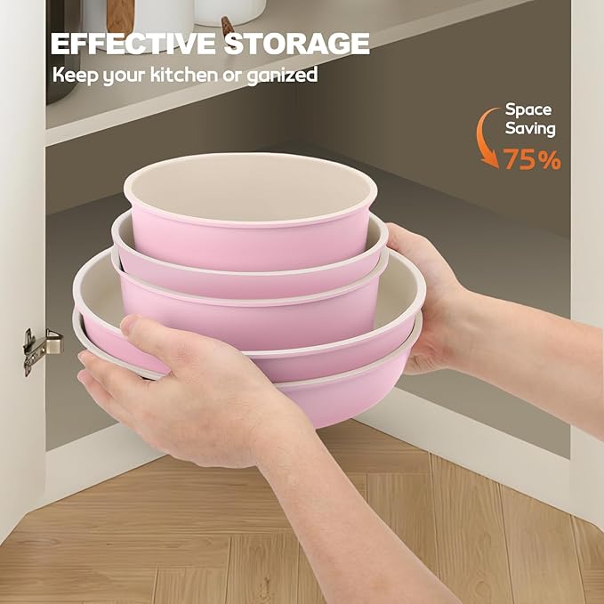17 Piece Ceramic Pots and Pans Set Non Stick Cookware Set with Detachable Handle Dishwasher/Oven Safe Induction Ready Stackable RV Kitchen Cooking Set Removable Handles Pots Protectors Pink