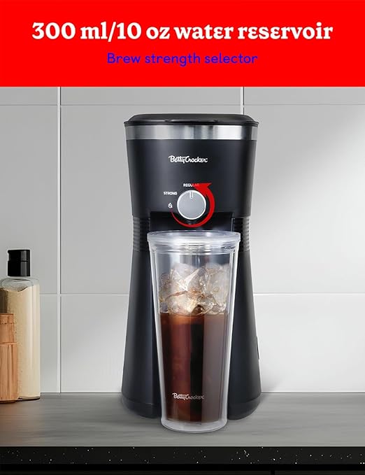 Betty Crocker Coffee Maker for Iced &amp Hot Brew Brews in 4 Minutes Compact Iced Coffee Machine with Chrome Accents Reusable Filter BPA-Free 20-Oz Tumbler &amp Straw BC-4869B Black